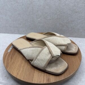J. McLaughlin Lumina Slide Sandals Size 8 Beige Linen Leather Coastal Preppy